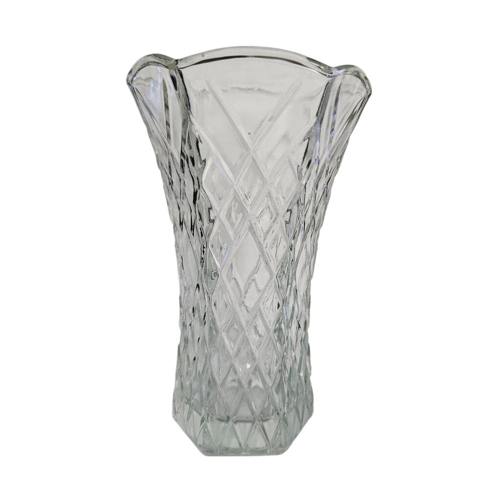 E.O. Brody Clear Diamond Pattern Glass Vase 8.5" Hexagon Vintage Flower Vase